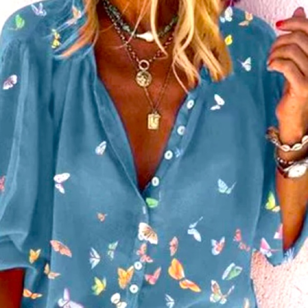 Blue butterfly button blouse